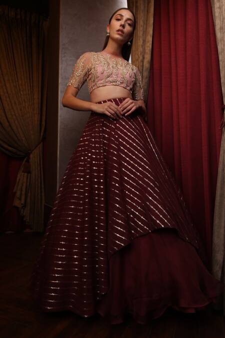 Shop Amrin Khan Maroon Pure Organza Cutdana Round Layered Lehenga Set Online at Aza Fashions Shop_Amrin Khan_Maroon Pure Organza Cutdana Round Layered Lehenga Set _Online_at_Aza_Fashions