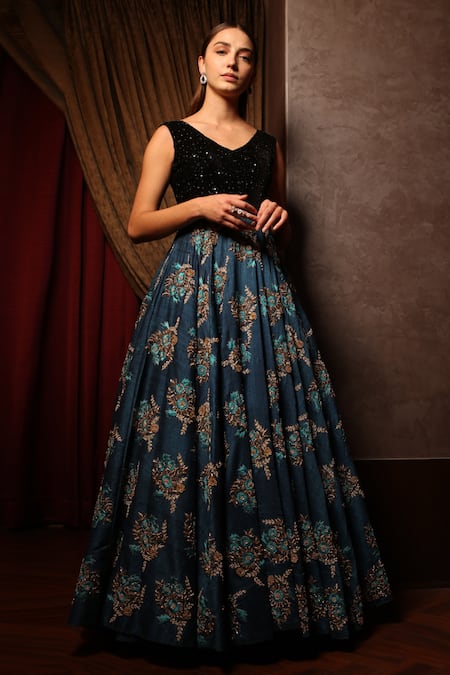 Amrin Khan Black Raw Silk Cutdana, Resham, Zardozi Floral Motifs V Neck Embroidered Gown 