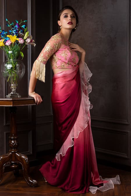 Amrin Khan_Red Organza, Net, Satin Silk Cutdana, Zardozi Ombre Ruffle Saree With Blouse _Online_at_Aza_Fashions