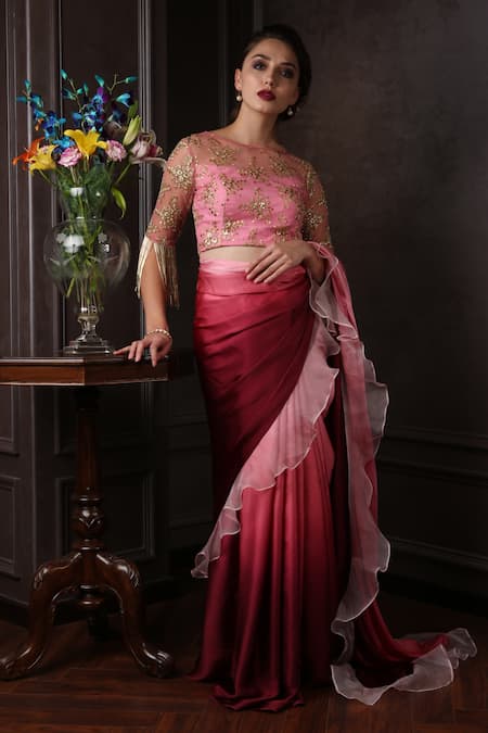 Buy_Amrin Khan_Red Organza, Net, Satin Silk Cutdana, Zardozi Ombre Ruffle Saree With Blouse _Online_at_Aza_Fashions