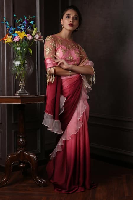 Shop_Amrin Khan_Red Organza, Net, Satin Silk Cutdana, Zardozi Ombre Ruffle Saree With Blouse _Online_at_Aza_Fashions