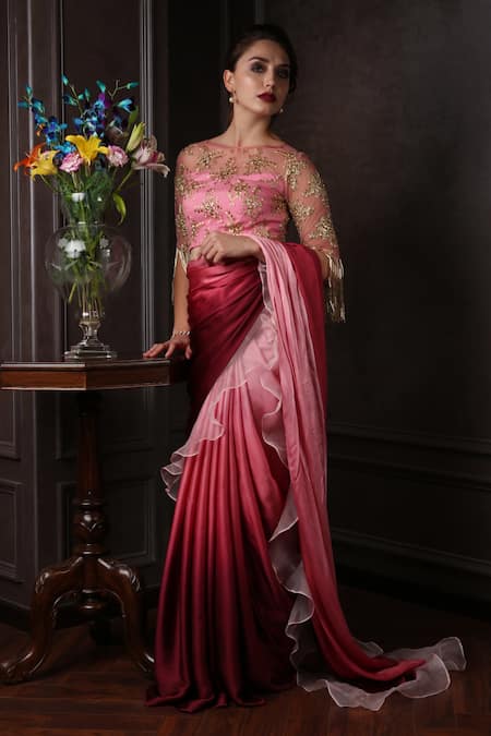 Amrin Khan_Red Organza, Net, Satin Silk Cutdana, Zardozi Ombre Ruffle Saree With Blouse _at_Aza_Fashions