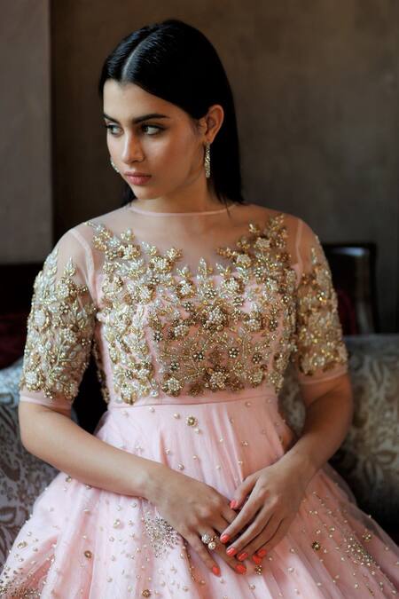 Amrin Khan Maroon Raw Silk And Net Cutdana, Pearl, Stone Work, Zardozi Ombre Embroidered Gown Online at Aza Fashions Amrin Khan_Maroon Raw Silk And Net Cutdana, Pearl, Stone Work, Zardozi Ombre Embroidered Gown _Online_at_Aza_Fashions