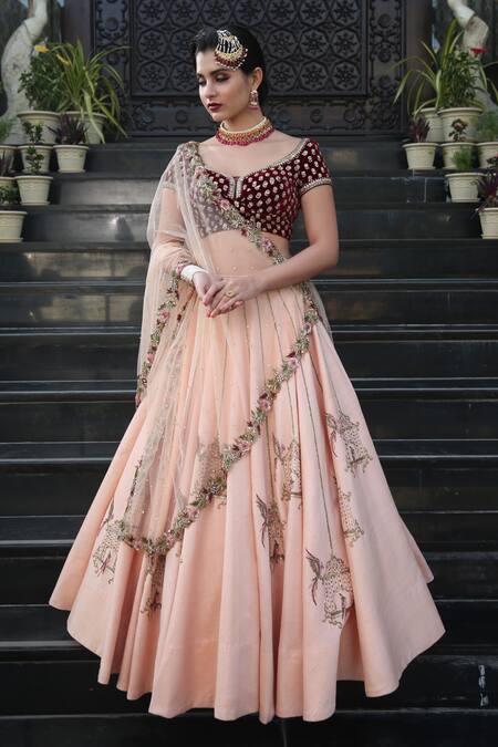Amrin Khan_Peach Raw Silk, Velvet, Pure Organza Cutdana, Embroidered Bridal Lehenga Set _Online_at_Aza_Fashions