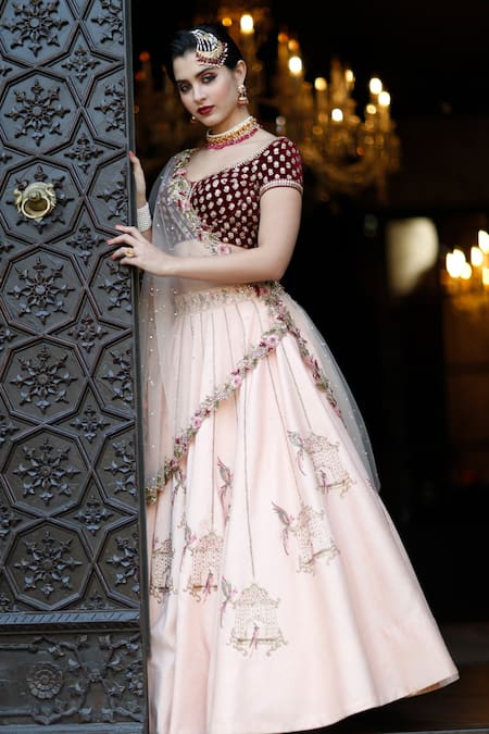 Buy_Amrin Khan_Peach Raw Silk, Velvet, Pure Organza Cutdana, Embroidered Bridal Lehenga Set _Online_at_Aza_Fashions