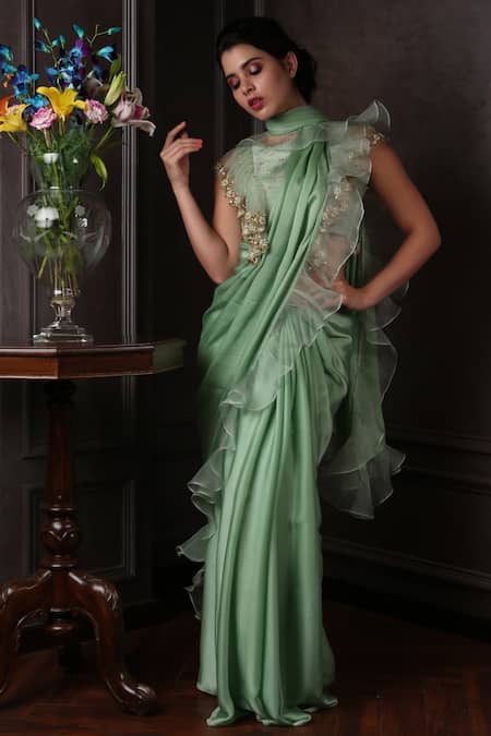 Amrin Khan Ruffle Saree With Embroidered Blouse 