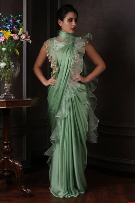 Amrin Khan_Green Organza, Net, Satin Silk Cutdana, Ruffle Saree With Embroidered Blouse _Online_at_Aza_Fashions