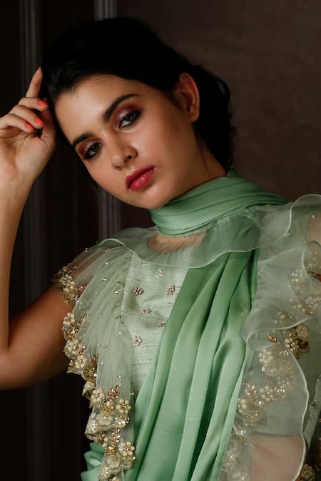 Shop_Amrin Khan_Green Organza, Net, Satin Silk Cutdana, Ruffle Saree With Embroidered Blouse _Online_at_Aza_Fashions