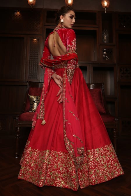Shop_AMRIN KHAN_Red Raw Silk, Velvet Cutdana, Floral Motifs, Embroidered Bridal Lehenga Set _at_Aza_Fashions
