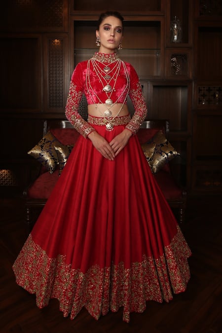 Shop_AMRIN KHAN_Red Raw Silk, Velvet Cutdana, Floral Motifs, Embroidered Bridal Lehenga Set _Online_at_Aza_Fashions