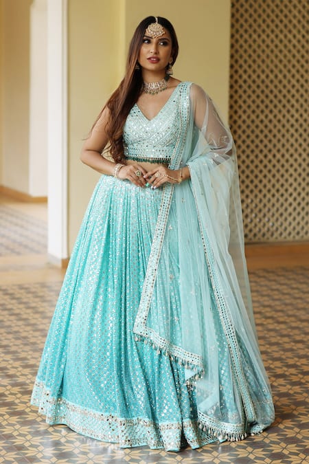 Buy_Amrin Khan_Blue Raw Silk, Net Mirror Work V Neck Ornamented Ombre Lehenga Set _Online_at_Aza_Fashions