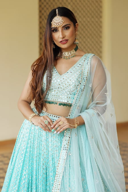 Amrin Khan_Blue Raw Silk, Net Mirror Work V Neck Ornamented Ombre Lehenga Set _at_Aza_Fashions