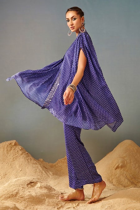 Samatvam By Anjali Bhaskar_Purple Blended Georgette Mirror, Bandhani V Neck Printed Kaftan Tunic And Pant Set_Online_at_Aza_Fashions