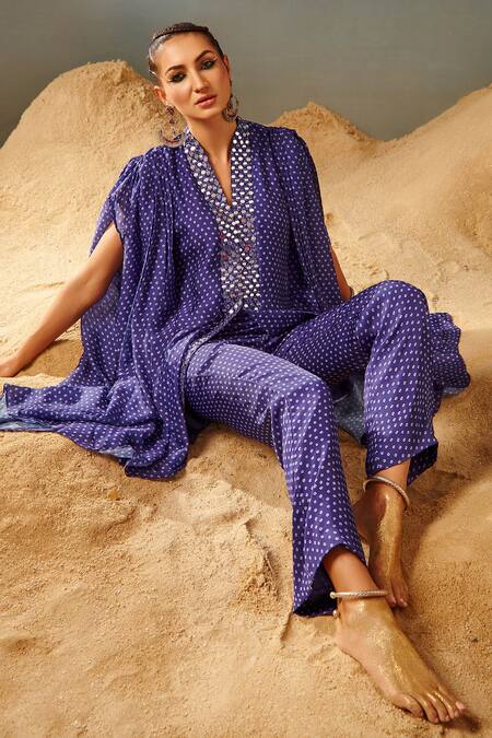 Buy_Samatvam By Anjali Bhaskar_Purple Blended Georgette Mirror, Bandhani V Neck Printed Kaftan Tunic And Pant Set_Online_at_Aza_Fashions