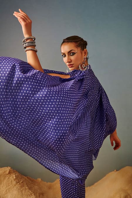 Shop_Samatvam By Anjali Bhaskar_Purple Blended Georgette Mirror, Bandhani V Neck Printed Kaftan Tunic And Pant Set_Online_at_Aza_Fashions