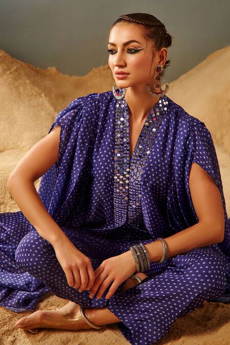 Samatvam By Anjali Bhaskar_Purple Blended Georgette Mirror, Bandhani V Neck Printed Kaftan Tunic And Pant Set_at_Aza_Fashions