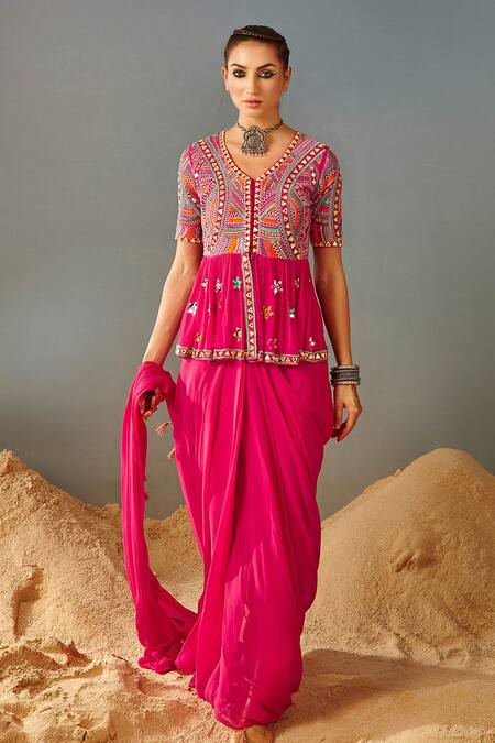 Shop_Samatvam By Anjali Bhaskar_Pink Blended Georgette Geometric, Mirror Pre-draped Saree With Peplum Blouse _Online_at_Aza_Fashions