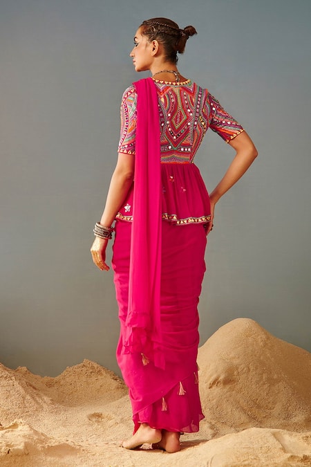 Shop_Samatvam By Anjali Bhaskar_Pink Blended Georgette Geometric, Mirror Pre-draped Saree With Peplum Blouse _at_Aza_Fashions