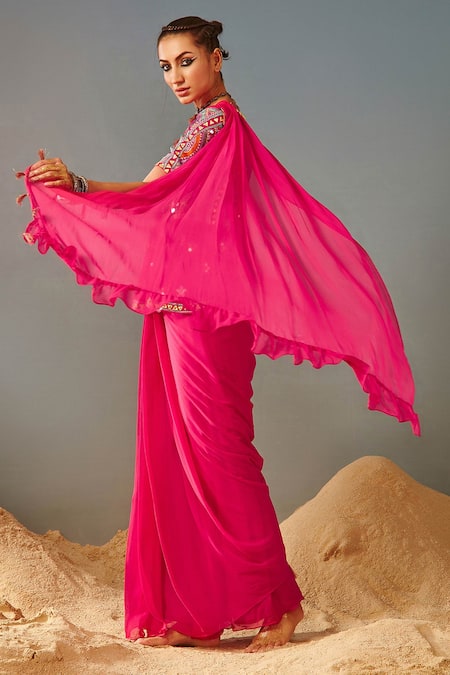 Samatvam By Anjali Bhaskar_Pink Blended Georgette Geometric, Mirror Pre-draped Saree With Peplum Blouse _Online_at_Aza_Fashions
