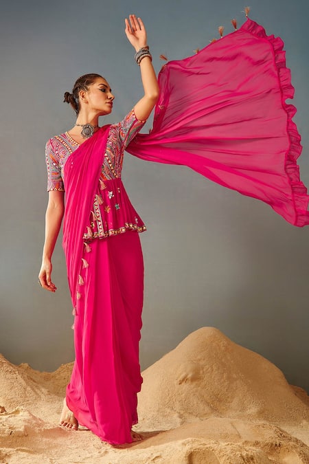 Buy_Samatvam By Anjali Bhaskar_Pink Blended Georgette Geometric, Mirror Pre-draped Saree With Peplum Blouse _Online_at_Aza_Fashions