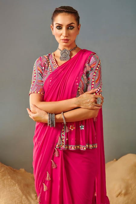 Samatvam By Anjali Bhaskar_Pink Blended Georgette Geometric, Mirror Pre-draped Saree With Peplum Blouse _at_Aza_Fashions