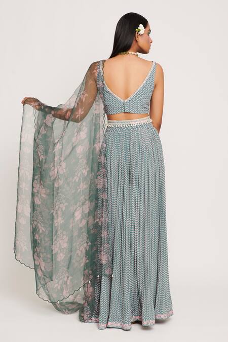 Shop Sitaraa Green Organza, Viscose Crepe Chevron Print V Neck Lehenga Set at Aza Fashions Shop_Sitaraa_Green Organza, Viscose Crepe Chevron Print V Neck Lehenga Set_at_Aza_Fashions