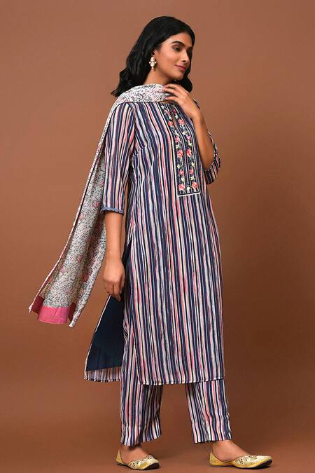 NUHH_Multi Color Georgette Floral, Striped Round Pattern Kurta Set_Online_at_Aza_Fashions