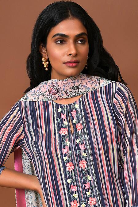 NUHH_Multi Color Georgette Floral, Striped Round Pattern Kurta Set_at_Aza_Fashions