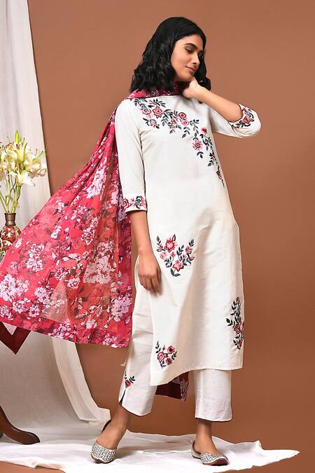 Buy_NUHH_White Chiffon, Art Silk Floral Round Embroidered Kurta Set _Online_at_Aza_Fashions