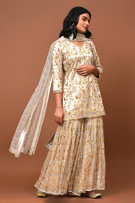 NUHH_White Net Embroidered With Satin Lining Floral V Embellished Kurta Sharara Set _Online_at_Aza_Fashions