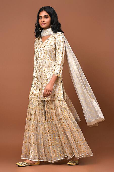 Buy_NUHH_White Net Embroidered With Satin Lining Floral V Embellished Kurta Sharara Set _Online_at_Aza_Fashions