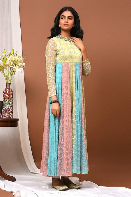 NUHH_Multi Color Anarkali- Cotton Net Lace With Satin Lining, Embellished And Pant Set _Online_at_Aza_Fashions