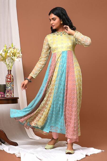 Buy_NUHH_Multi Color Anarkali- Cotton Net Lace With Satin Lining, Embellished And Pant Set _Online_at_Aza_Fashions
