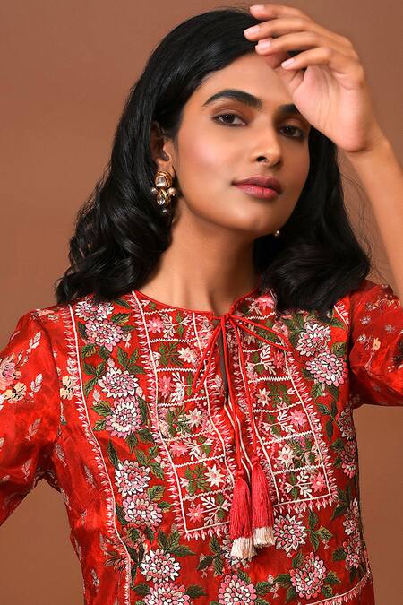 NUHH_Red Dupatta- Viscose Jacquard, Kurta, Pant- Art Silk Floral Embroidered Set_at_Aza_Fashions