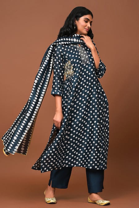 NUHH_Blue Cami- Cotton, Dupatta- Chanderi, Kurta, Pant Floral, Bandhani Print Set_Online_at_Aza_Fashions