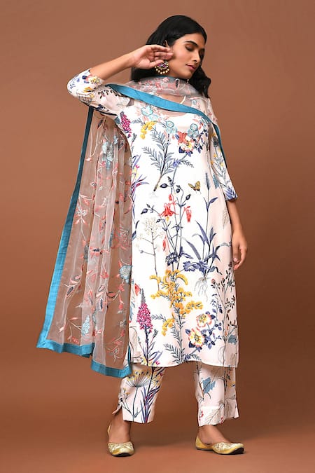 NUHH_White Cami- Art Silk, Dupatta- Organza, Kurta, Pant- Viscose Floral V Print Set _Online_at_Aza_Fashions