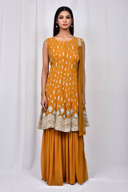Buy_Naintara Bajaj_Yellow Embroidered Anarkali Sharara Set_Online_at_Aza_Fashions