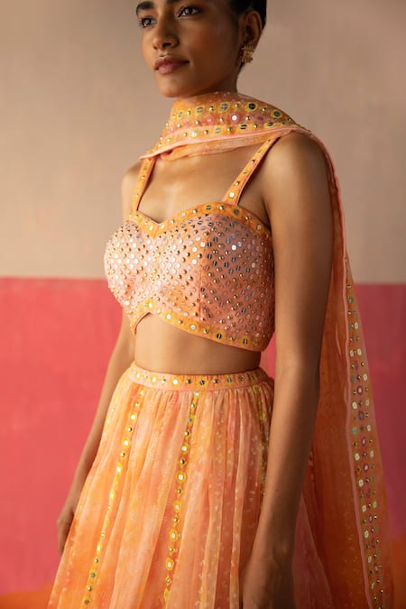 Buy_Surbhi Gupta_Pink Organza Geometric, Mirror, Sequin Sweetheart Neck Emily Tie Dye Lehenga Set _Online_at_Aza_Fashions