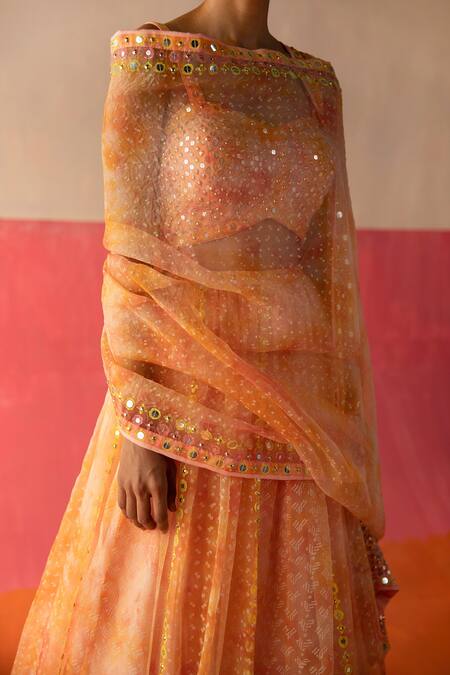 Shop_Surbhi Gupta_Pink Organza Geometric, Mirror, Sequin Sweetheart Neck Emily Tie Dye Lehenga Set _Online_at_Aza_Fashions