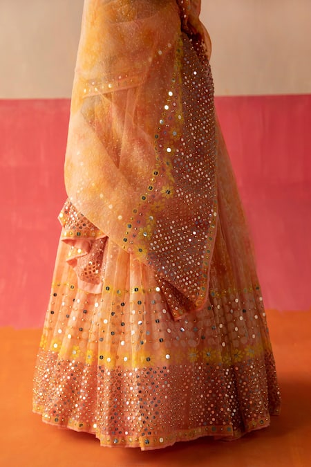 Surbhi Gupta_Pink Organza Geometric, Mirror, Sequin Sweetheart Neck Emily Tie Dye Lehenga Set _at_Aza_Fashions