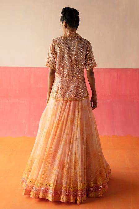 Shop Surbhi Gupta Pink Organza Floral, Mirror, Sequin Notched Amy Embellished Jacket And Lehenga Set at Aza Fashions Shop_Surbhi Gupta_Pink Organza Floral, Mirror, Sequin Notched Amy Embellished Jacket And Lehenga Set _at_Aza_Fashions