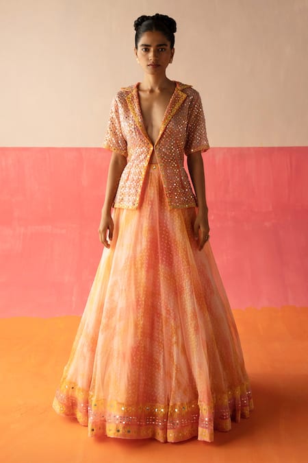 Surbhi Gupta Pink Organza Floral, Mirror, Sequin Notched Amy Embellished Jacket And Lehenga Set Online at Aza Fashions Surbhi Gupta_Pink Organza Floral, Mirror, Sequin Notched Amy Embellished Jacket And Lehenga Set _Online_at_Aza_Fashions