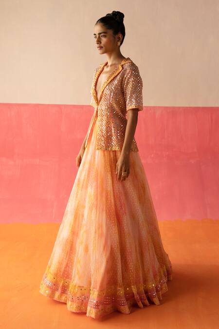 Buy Surbhi Gupta Pink Organza Floral, Mirror, Sequin Notched Amy Embellished Jacket And Lehenga Set Online at Aza Fashions Buy_Surbhi Gupta_Pink Organza Floral, Mirror, Sequin Notched Amy Embellished Jacket And Lehenga Set _Online_at_Aza_Fashions