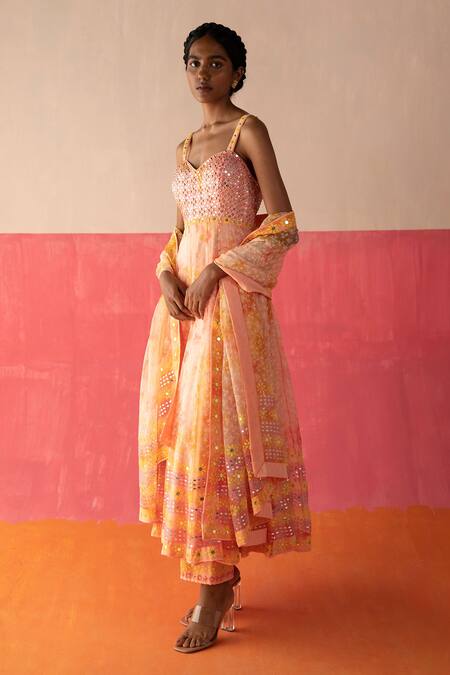 Surbhi Gupta_Pink Organza Printed Geometric Rosa Embroidered Anarkali Set  _Online_at_Aza_Fashions