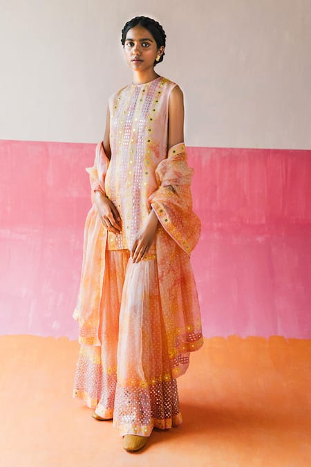Surbhi Gupta_Pink Organza Geometric, Mirror, Sequin Round Alma Tie Dye Kurta Sharara Set _Online_at_Aza_Fashions