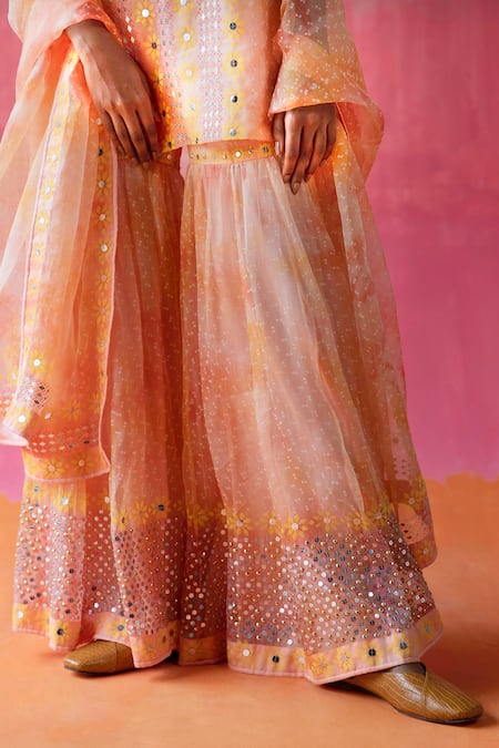 Shop_Surbhi Gupta_Pink Organza Geometric, Mirror, Sequin Round Alma Tie Dye Kurta Sharara Set _Online_at_Aza_Fashions