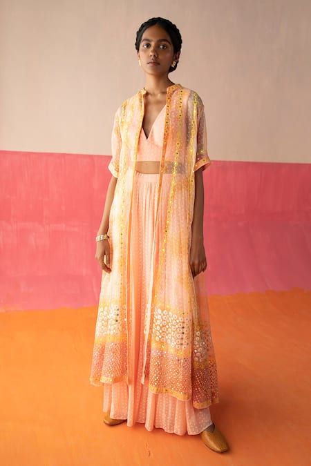 Surbhi Gupta_Pink Jacket- Organza Printed Geometric Jacket Mariah And Sharara Set  _Online_at_Aza_Fashions