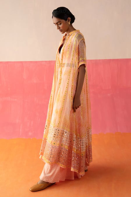 Buy_Surbhi Gupta_Pink Jacket- Organza Printed Geometric Jacket Mariah And Sharara Set  _Online_at_Aza_Fashions