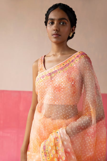 Buy_Surbhi Gupta_Orange Organza Geometric, Mirror, Sequin Leaf Maris Printed Saree With Blouse _Online_at_Aza_Fashions