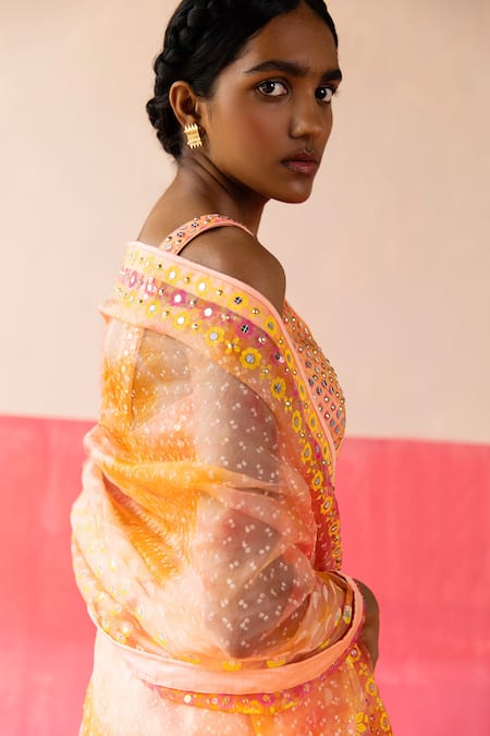 Shop_Surbhi Gupta_Orange Organza Geometric, Mirror, Sequin Leaf Maris Printed Saree With Blouse _Online_at_Aza_Fashions